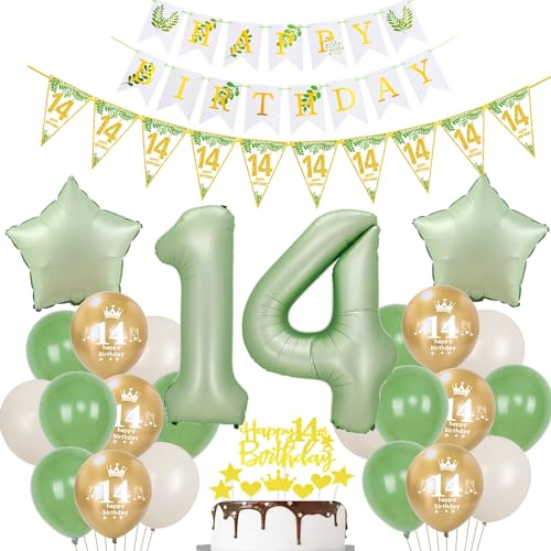 Gold Luftballon 14. Geburtstag Dekoration Oliv-grün Tortendeko 14. Geburtstag Mädchen Junge Geburtstagsdeko 14 Jahre Mädchen Gold Folienballon 14 Ballon party deko grün von Hopewey