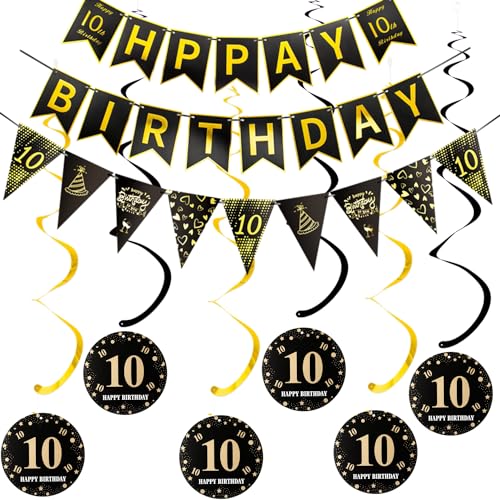 Happy 10th Birthday Banner +Dreiecksflaggen Happy Birthday Girlanden+ 10 Geburtstag Hängedeko Spiralen Set, Schwarz Gold 10.Geburtstag deko für Mädchen Junge,10 Hängedeko Deckenhänger Happy 10th Birthday Banner +Dreiecksflaggen Happy Birthday Girlanden+ 10 Geburtstag Hängedeko Spiralen Set, Schwarz Gold 10.Geburtstag deko für Mädchen Junge,10 Hängedeko Deckenhänger von Hopewey