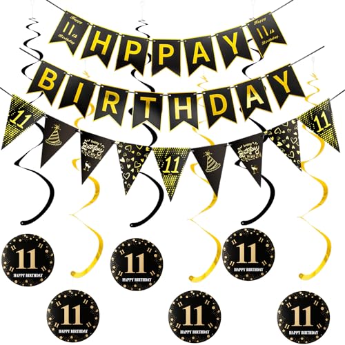 Happy 11. Geburtstag Banner + Dreiecksflaggen Girlanden + Hängedeko Spiralen Set, Schwarz Gold Deko für Mädchen Junge, Deckenhänger von Hopewey