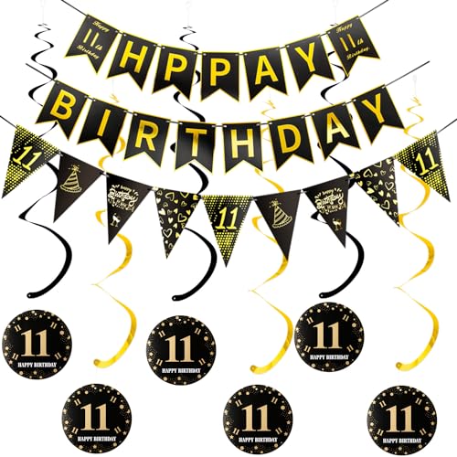 Happy 11th Birthday Banner +Dreiecksflaggen Happy Birthday Girlanden+ 11 Geburtstag Hängedeko Spiralen Set, Schwarz Gold 11.Geburtstag deko für Mädchen Junge,11. Geburtstag Hängedeko Deckenhänger von Hopewey