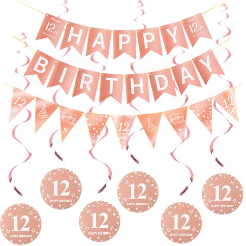 Happy 12th Birthday Banner +Dreiecksflaggen Happy Birthday Girlanden+ 12 Geburtstag Hängedeko Spiralen Set, Rosegold 12.Geburtstag deko für Mädchen,12. Mädchen Hängedeko Deckenhänger Happy 12th Birthday Banner +Dreiecksflaggen Happy Birthday Girlanden+ 12 Geburtstag Hängedeko Spiralen Set, Rosegold 12.Geburtstag deko für Mädchen,12. Mädchen Hängedeko Deckenhänger von Hopewey