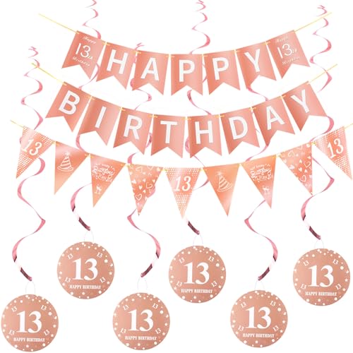 Happy 13th Birthday Banner +Dreiecksflaggen Happy Birthday Girlanden+ 13 Geburtstag Hängedeko Spiralen Set, Rosegold 13.Geburtstag deko für Mädchen ,13. Geburtstag Mädchen Hängedeko Deckenhänger von Hopewey