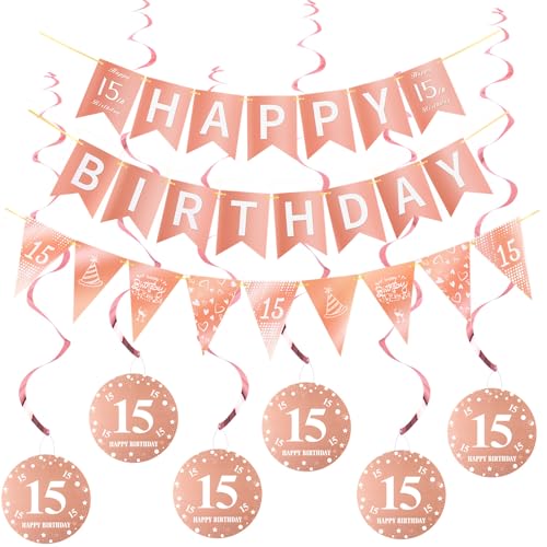 Happy 15th Birthday Banner +Dreiecksflaggen Happy Birthday Girlanden+ 15 Geburtstag Hängedeko Spiralen Set, Rosegold 15.Geburtstag deko für Mädchen,15. Mädchen Hängedeko Deckenhänger Happy 15th Birthday Banner +Dreiecksflaggen Happy Birthday Girlanden+ 15 Geburtstag Hängedeko Spiralen Set, Rosegold 15.Geburtstag deko für Mädchen,15. Mädchen Hängedeko Deckenhänger von Hopewey