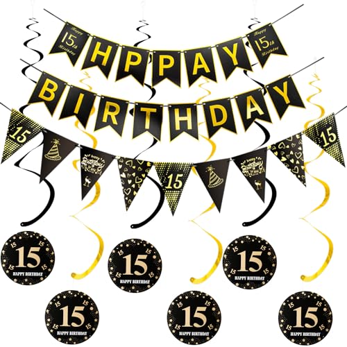 Happy 15th Birthday Banner +Dreiecksflaggen Happy Birthday Girlanden+ 15 Geburtstag Hängedeko Spiralen Set, Schwarz Gold 15.Geburtstag deko für Mädchen Junge,15. Geburtstag Hängedeko Deckenhänger Happy 15th Birthday Banner +Dreiecksflaggen Happy Birthday Girlanden+ 15 Geburtstag Hängedeko Spiralen Set, Schwarz Gold 15.Geburtstag deko für Mädchen Junge,15. Geburtstag Hängedeko Deckenhänger von Hopewey