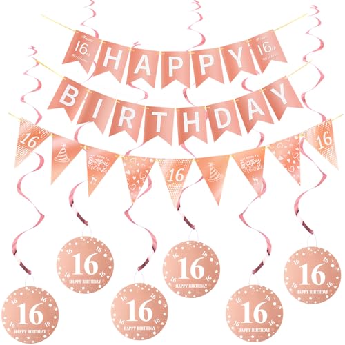 Happy 16th Birthday Banner +Dreiecksflaggen Happy Birthday Girlanden+ 16 Geburtstag Hängedeko Spiralen Set, Rosegold 16.Geburtstag deko für Mädchen,16. Mädchen Hängedeko Deckenhänger Happy 16th Birthday Banner +Dreiecksflaggen Happy Birthday Girlanden+ 16 Geburtstag Hängedeko Spiralen Set, Rosegold 16.Geburtstag deko für Mädchen,16. Mädchen Hängedeko Deckenhänger von Hopewey