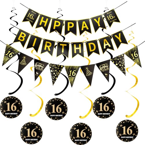 Happy 16th Birthday Banner +Dreiecksflaggen Happy Birthday Girlanden+ 16 Geburtstag Hängedeko Spiralen Set, Schwarz Gold 16.Geburtstag deko für Mädchen Junge,16. Hängedeko Deckenhänger von Hopewey