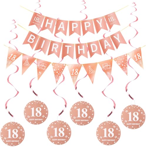 Happy 18th Birthday Banner +Dreiecksflaggen Happy Birthday Girlanden+ 18 Geburtstag Hängedeko Spiralen Set, Rosegold 18.Geburtstag deko für Mädchen,18. Geburtstag Mädchen Hängedeko Deckenhänger von Hopewey