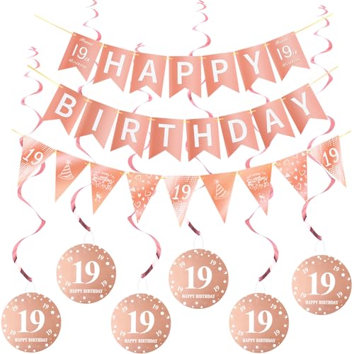 Happy 19. Geburtstag Banner + Dreiecksflaggen Girlanden + Hängedeko Spiralen Set, Rosegold Deko für Mädchen, Deckenhänger von Hopewey