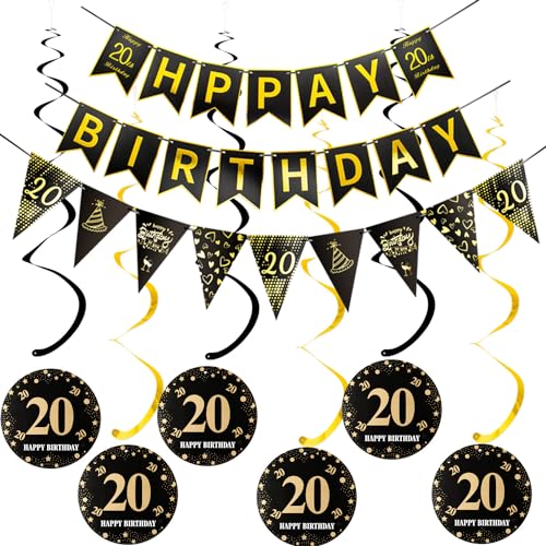 Happy 20. Geburtstag Banner + Dreiecksflaggen Girlanden + Hängedeko Spiralen Set, Schwarz Gold Deko für Mädchen Junge, Deckenhänger von Hopewey