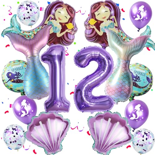 Hopewey 12er Meerjungfrau Ballon-Set für Mädchen (12 Jahre) - Lila Aluminiumfolie, Konfetti - Geburtstagsparty Dekoration von Hopewey