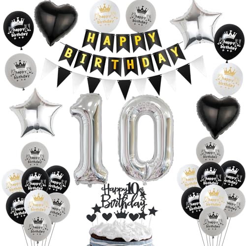 Luftballon 10. Geburtstag Dekoration Schwarz Silber - Tortendeko für Junge und Mädchen - Kuchen Deko Set Mit Ballons für 10 Jahre Feier von Hopewey