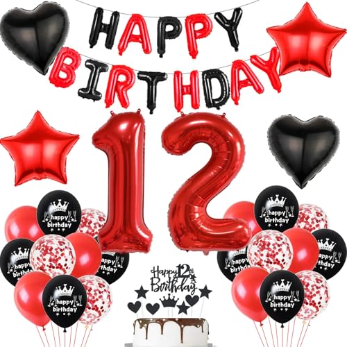 Luftballon 12. Geburtstag deko Mädchen rot Schwarz Folienballon Zahlen 12 Geburtstagsdeko Mädchen 12 Jahr geburtstagdeko 12 jahre 12. Geburtstag deko Rot Geburtstagsdeko 12 Jahr set von Hopewey