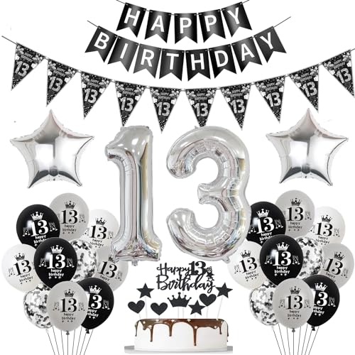 Hopewey Schwarz 13. Geburtstag Dekoration: 13 Geburtstag Deko Schwarz Set, Banner, Dreiecksflaggen, Konfetti, Stern Folienballons, Happy 13th Birthday Tortendeko Topper Hopewey Schwarz 13. Geburtstag Dekoration: 13 Geburtstag Deko Schwarz Set, Banner, Dreiecksflaggen, Konfetti, Stern Folienballons, Happy 13th Birthday Tortendeko Topper von Hopewey