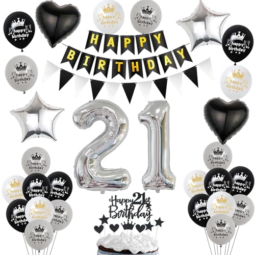 Luftballon 21. Geburtstag Dekoration Schwarz Silber Tortendeko Geburtstag 21 Jahre Mann kuchen deko 21 Geburtstag Frauen Mann,ballon 21. Geburtstag Männer Frauen,Geburtstagsdeko 21 Jahre Frauen von Hopewey