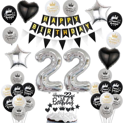 Luftballon 22. Geburtstag Dekoration Schwarz Silber - Tortendeko für Mann und Frau - Kuchen Deko 22 Jahre - Ballon und Geburtstagsdeko Set Luftballon 22. Geburtstag Dekoration Schwarz Silber - Tortendeko für Mann und Frau - Kuchen Deko 22 Jahre - Ballon und Geburtstagsdeko Set von Hopewey