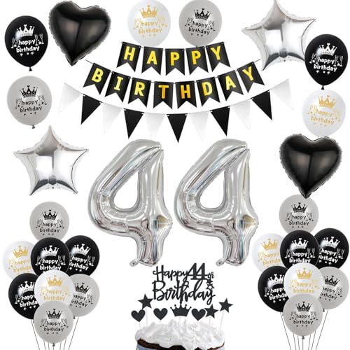 Luftballon 44. Geburtstag Dekoration Schwarz Silber - Tortendeko für Mann und Frau - Kuchen Deko 44 Jahre - Ballon und Geburtstagsdeko Set von Hopewey
