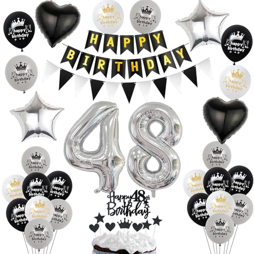 Luftballon 48. Geburtstag Dekoration Schwarz Silber - Tortendeko für Mann und Frau - Kuchen Deko 48 Jahre - Ballon und Geburtstagsdeko Set von Hopewey