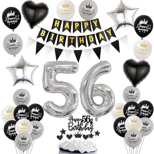 Luftballon 56. Geburtstag Dekoration Schwarz Silber - Tortendeko für Mann und Frau - Kuchen Deko, Ballon und Geburtstagsdeko für 56 Jahre von Hopewey