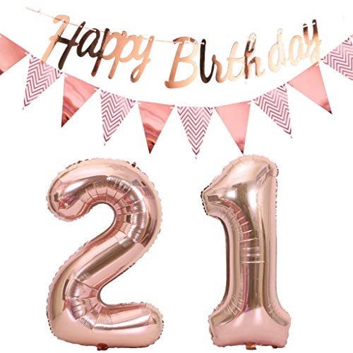 Luftballons 21.geburtstag deko frauen rosegold+Happy Birthday Girlande +Wimpelkette 40"Zahlen Ballon 21 Luftballons 21 Jahre Geburtstag Dekoration frau Geburtstagdeko 21 Geburtstag deko rosegold(21) von Hopewey