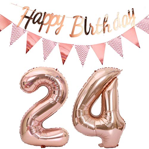 Luftballons 24.geburtstag deko frauen rosegold+Happy Birthday Girlande +Wimpelkette 40"Zahlen Ballon 24 Luftballons 24 Jahre Geburtstag Dekoration frau Geburtstagdeko 24 Geburtstag deko rosegold(24) von Hopewey