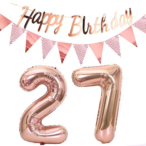 Luftballons 27.geburtstag deko frauen rosegold+Happy Birthday Girlande +Wimpelkette 40"Zahlen Ballon 27 Luftballons 27 Jahre Geburtstag Dekoration frau Geburtstagdeko 27 Geburtstag deko rosegold(27) von Hopewey