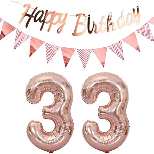 Luftballons 33.geburtstag deko frauen rosegold+Happy Birthday Girlande +Wimpelkette 40"Zahlen Ballon 33 Luftballons 33 Jahre Geburtstag Dekoration frau Geburtstagdeko 33 Geburtstag deko rosegold(33) von Hopewey
