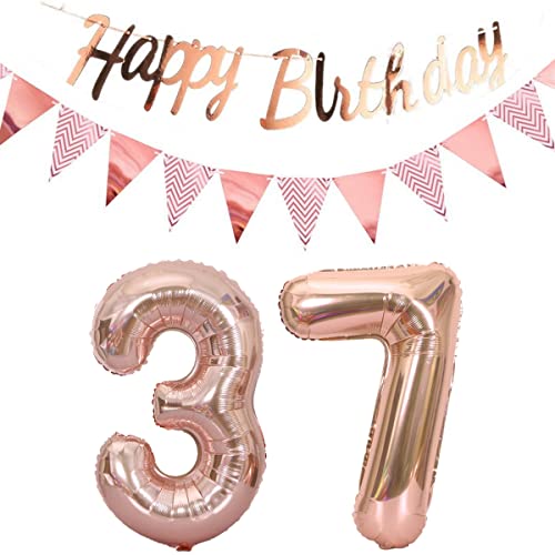 Luftballons 37.geburtstag deko frauen rosegold+Happy Birthday Girlande +Wimpelkette 40"Zahlen Ballon 37 Luftballons 37 Jahre Geburtstag Dekoration frau Geburtstagdeko 37 Geburtstag deko rosegold(37) von Hopewey