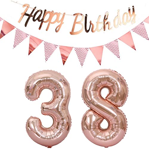 Luftballons 38.geburtstag deko frauen rosegold+Happy Birthday Girlande +Wimpelkette 40"Zahlen Ballon 38 Luftballons 38 Jahre Geburtstag Dekoration frau Geburtstagdeko 38 Geburtstag deko rosegold(38) von Hopewey