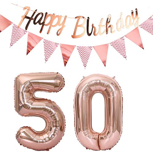 Luftballons 50.geburtstag deko frauen rosegold+Happy Birthday Girlande +Wimpelkette 40"Zahlen Ballon 50 Luftballons 50 Jahre Geburtstag Dekoration frau Geburtstagdeko 50 Geburtstag deko rosegold(50) von Hopewey