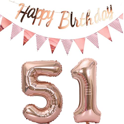 Luftballons 51.geburtstag deko frauen rosegold+Happy Birthday Girlande +Wimpelkette 40"Zahlen Ballon 51 Luftballons 51 Jahre Geburtstag Dekoration frau Geburtstagdeko 51 Geburtstag deko rosegold(51) von Hopewey