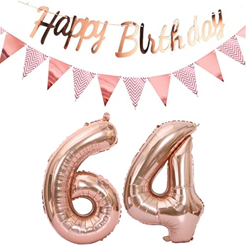 Luftballons 64.geburtstag deko frauen rosegold+Happy Birthday Girlande +Wimpelkette 40"Zahlen Ballon 64 Luftballons 64 Jahre Geburtstag Dekoration frau Geburtstagdeko 64 Geburtstag deko rosegold(64) von Hopewey