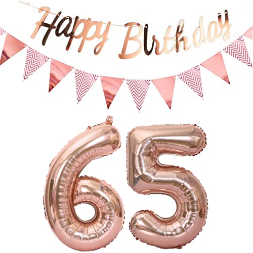 Luftballons 65.geburtstag deko frauen rosegold+Happy Birthday Girlande +Wimpelkette 40"Zahlen Ballon 65 Luftballons 65 Jahre Geburtstag Dekoration frau Geburtstagdeko 65 Geburtstag deko rosegold(65) von Hopewey