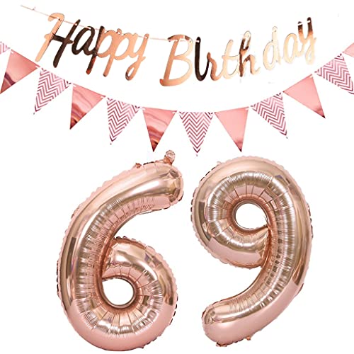 Luftballons 69.geburtstag deko frauen rosegold+Happy Birthday Girlande +Wimpelkette 40"Zahlen Ballon 69 Luftballons 69 Jahre Geburtstag Dekoration frau Geburtstagdeko 69 Geburtstag deko rosegold(69) von Hopewey