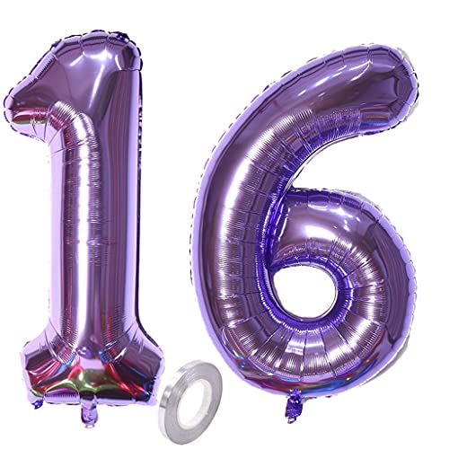 Luftballons Zahl 16, Zahl ballon 16 lila Luftballons 16. Geburtstag deko Mädchen Folienballon 16 Zahlballons 16 lila XXXL 40" Riese Aufblasbar Helium Ballon 16 jahre Geburtstag Deko Mädchen lila(16) von Hopewey