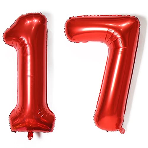 Luftballons Zahl 17, Zahl ballon 17 rot Luftballons 17. Geburtstag deko Mädchen Folienballon 17 Zahlballons 17 rot XXXL 40" Riese Aufblasbar Helium Ballon 17 jahre Geburtstag Deko Mädchen rot (17) von Hopewey