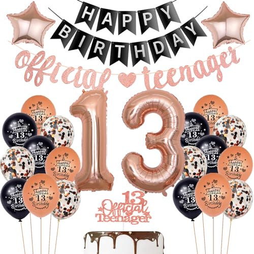 Offizielle Teenager 13. Geburtstag Dekoration für mädchen,Luftballon 13 Geburtstag mädchen deko rosegold schwarz, Schwarz Geburtstagsdeko 13 Jahre mädchen Ballon Teenager Deko von Hopewey