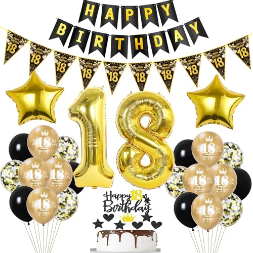 Hopewey Schwarz/Gold 18. Geburtstag Dekoration: 18 Ballon, Banner, Girlanden, Latexballons, Metallic Gold Ballons, Konfetti, Sternballons, Tortendeko, Bänder Hopewey Schwarz/Gold 18. Geburtstag Dekoration: 18 Ballon, Banner, Girlanden, Latexballons, Metallic Gold Ballons, Konfetti, Sternballons, Tortendeko, Bänder von Hopewey