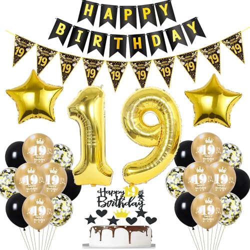Schwarz Luftballon 19. Geburtstag Dekoration Gold Tortendeko 19. Geburtstag Mädchen Junge Geburtstagsdeko 19 Jahre Junge Mädchen Gold Folienballon 19 Ballon 19 von Hopewey