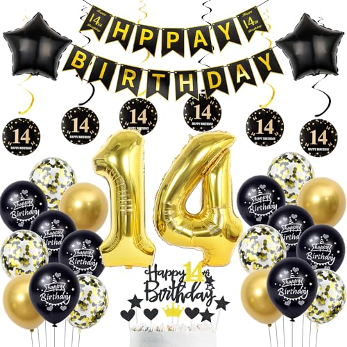 deko 14. geburtstag Jungen mädchen,schwarz gold luftballon 14. geburtstag deko Junge ,gold Tortendeko 14. Happy Birthday girlande banner gold geburtstagsdeko 14 jahre ballon von Hopewey