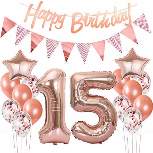 Deko 15. Geburtstag Mädchen Rosegold - Luftballons, Girlande, Banner für Geburtstagsdekoration Deko 15. Geburtstag Mädchen Rosegold - Luftballons, Girlande, Banner für Geburtstagsdekoration von Hopewey