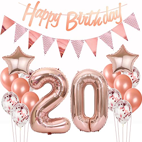 Deko 20. Geburtstag Rosegold - Luftballons, Girlande, Banner für Frauen - Dekoration Set von Hopewey