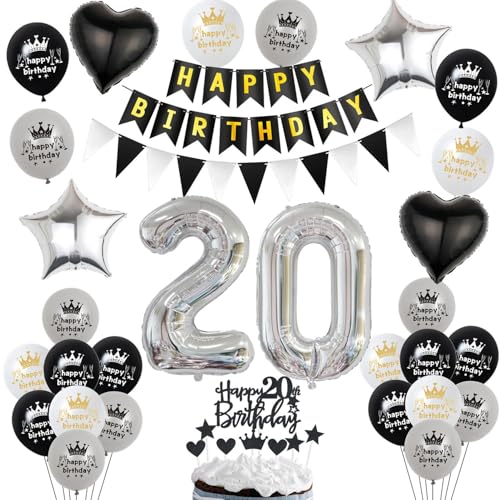 Luftballon 20. Geburtstag Dekoration Schwarz Silber Tortendeko Geburtstag 20 Jahre Mann kuchen deko 20 Geburtstag Frauen Mann,ballon 20. Geburtstag Männer Frauen,Geburtstagsdeko 20 Jahre Frau von Hopewey