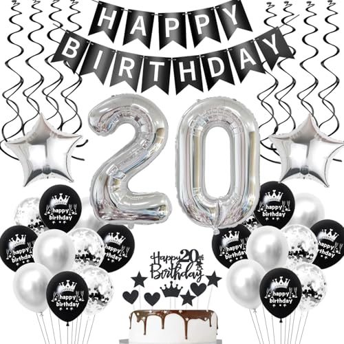 luftballon 20 geburtstag deko mann frauen Schwarz Silber geburtstagsdeko 20 jahre frau Männer Deko 20. Geburtstag mann Dekoration ballon 20. geburtstag frau Tortendeko 20 geburtstag frauen von Hopewey