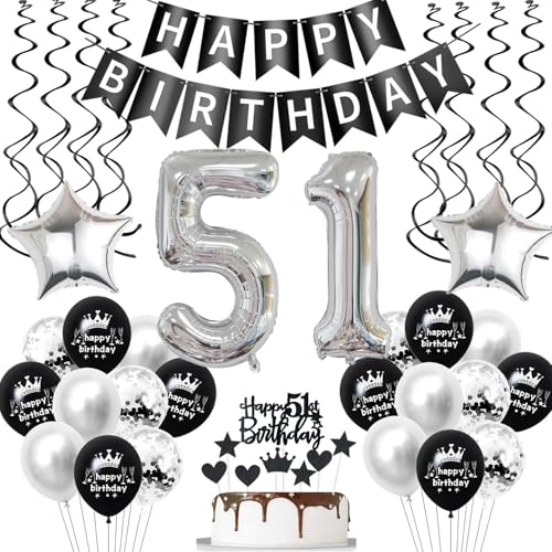 luftballon 51 geburtstag deko mann frauen Schwarz Silber geburtstagsdeko 51 jahre frau Männer Deko 51. Geburtstag mann Dekoration ballon 51. geburtstag frau Tortendeko 51 geburtstag frauen von Hopewey
