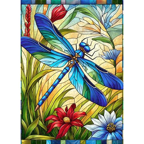 Hopgo 1000 Teile Puzzle für Erwachsene - Libellen Buntglas Kunstmotiv, Premium Puzzle 70x50cm mit Fertigbild, Ideales Familienspiel & Geschenk für Puzzleliebhaber von Hopgo