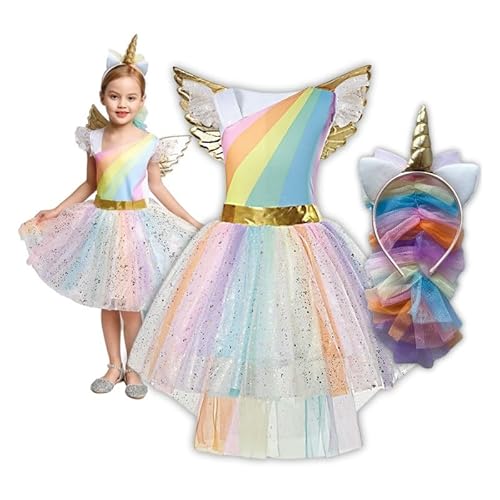 Enchanting Einhorn Kostüm Kinder & Prinzessin Kostüm Damen Set: Unicorn Haarreif, Regenbogen Kostüm Damen, Karneval Kostüm Kinder Mädchen, Feen & Ballerina Kostüme für Erwachsene Frauen (134/140 CM) von Hopki.pl
