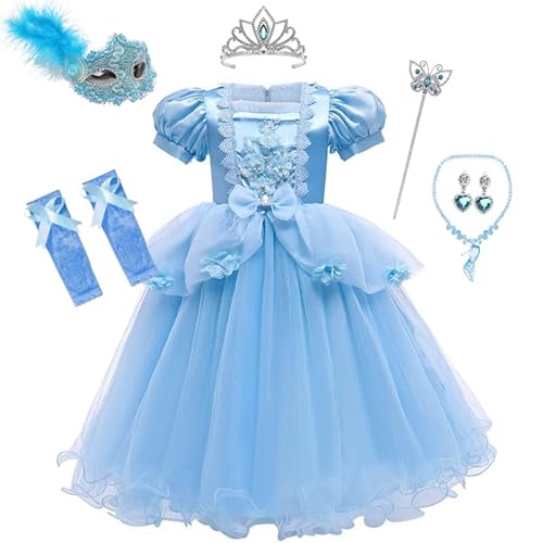 Hopki.pl Aschenputtel Kleid für Mädchen Prinzessin Cinderella Kostüm Kinder Fasching Verkleidung mit Zubehör Karneval Halloween (140/146 cm) von Hopki.pl