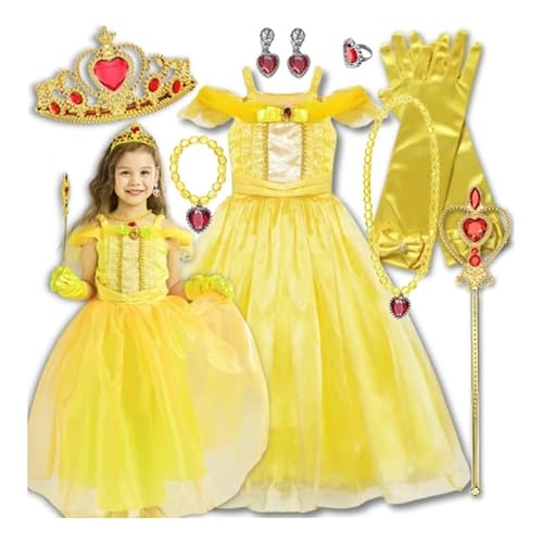 Hopki.pl Bella-Kostüm für Mädchen – Prinzessin Kleid mit Zubehörset für Fasching, Karneval und Märchen – Perfekt für kleine Fans von Die Schöne und das Biest (122/128 cm) von Hopki.pl