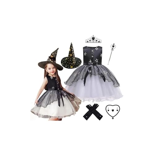 Hopki.pl Bezauberndes Hexenkostüm Kinder Set mit Hexenhut, Zepter und Accessoires – perfekte verkleidung für Halloween-Partys und täglichen Spielspaß. (128/134 cm) von Hopki.pl
