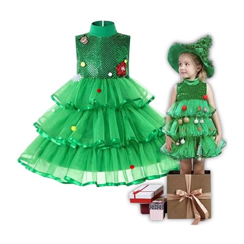 Hopki.pl Kinder Weihnachtsbaum Kostüm Weihnachten Sets Ball Dekor Rüschen Swing Kleid Outfits Lustige + Hut Cosplay Festival Kleidung (116/122 CM) von Hopki.pl